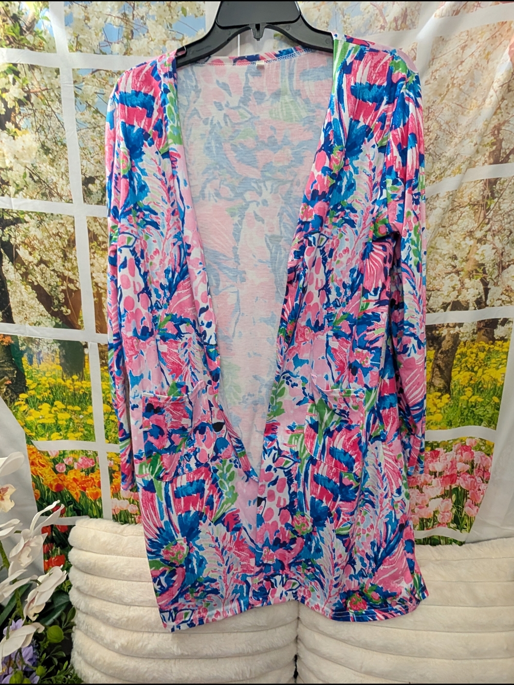 Source Unknown Pink Blue Floral Open Front Cardigan